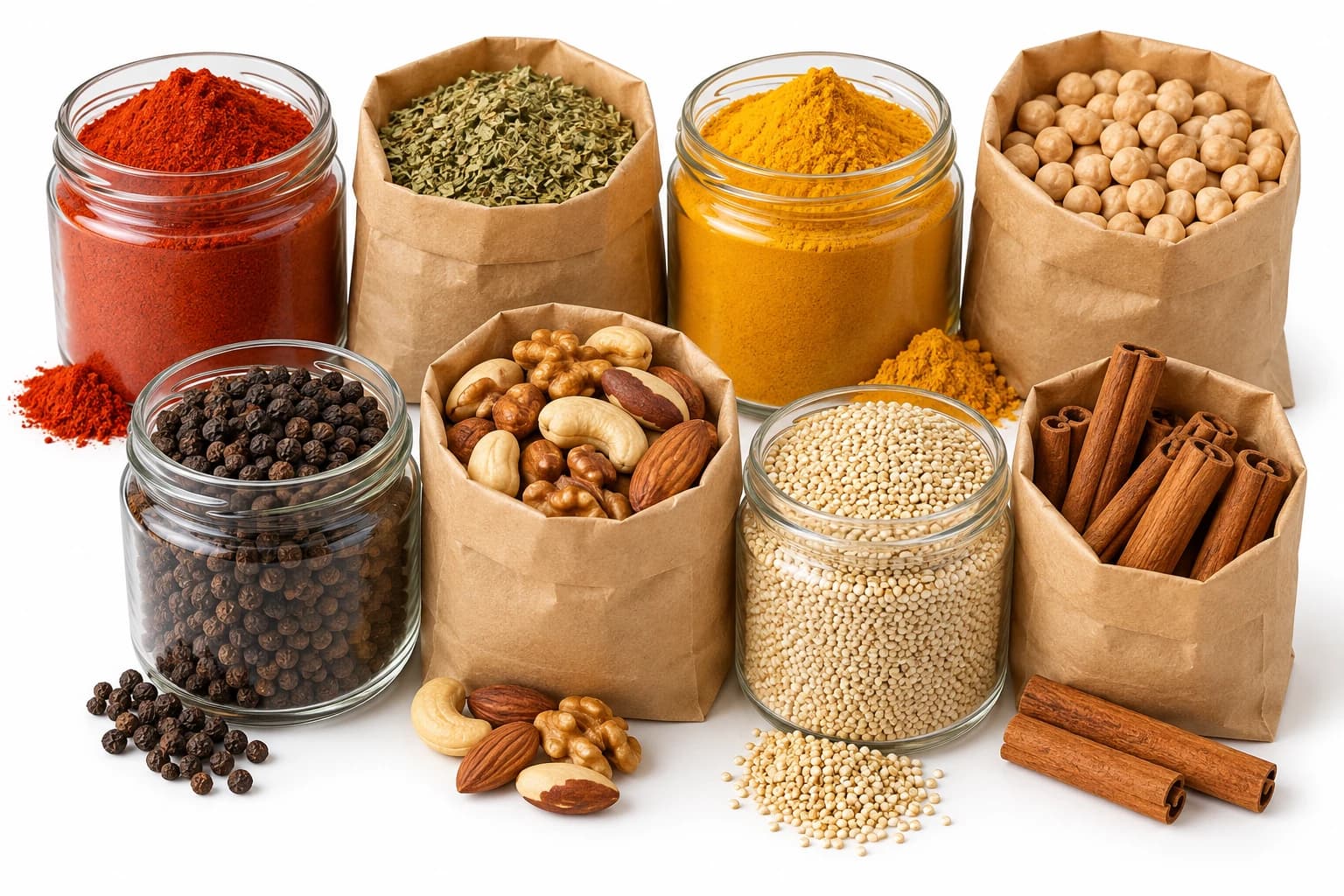 Páprica, orégano, cúrcuma, grão-de-bico, pimenta, castanhas, quinoa e canela