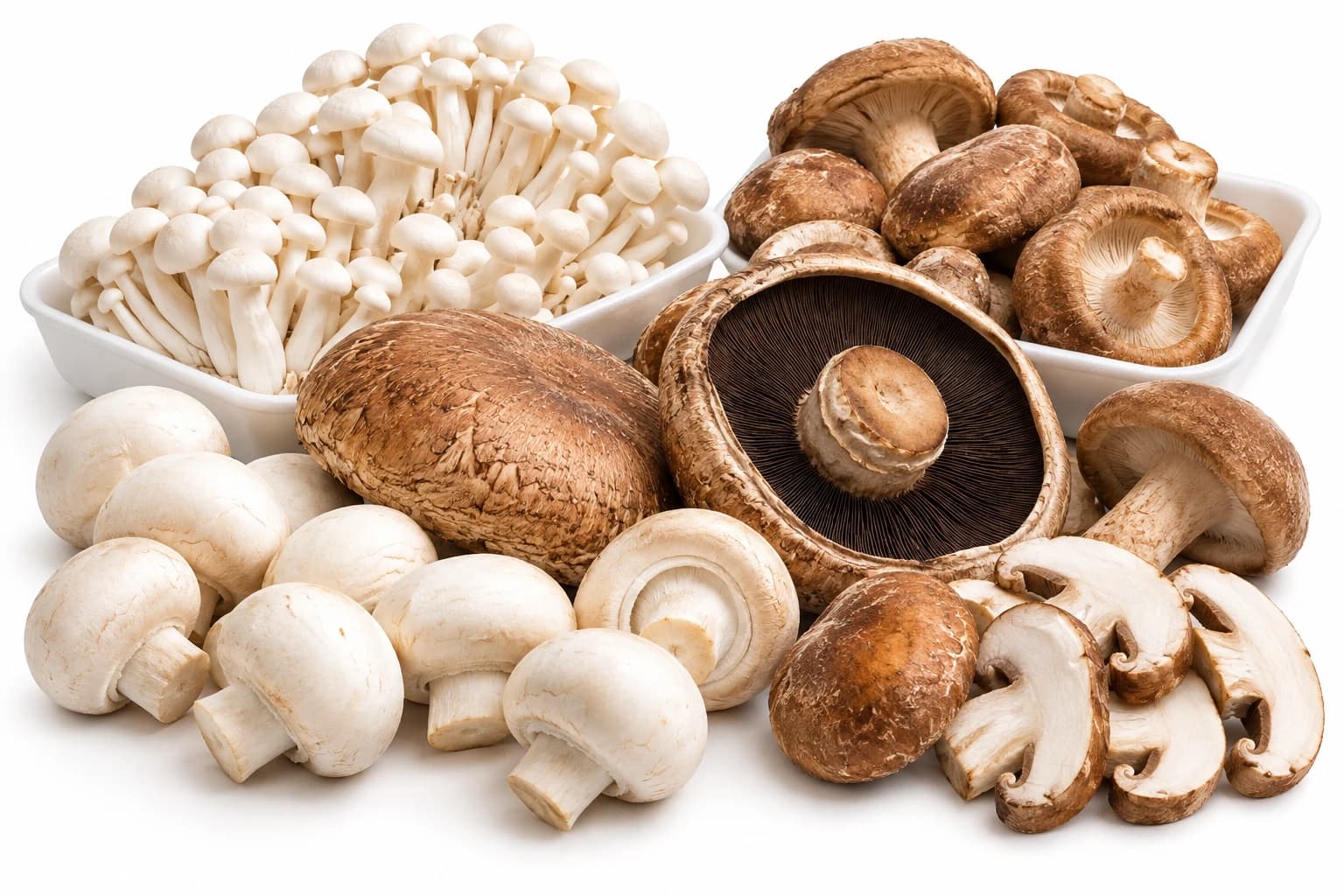 Cogumelos paris, portobello, shiitake e shimeji
