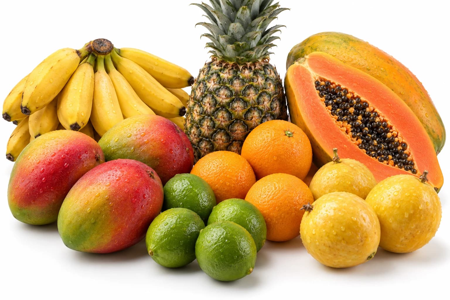 Banana, abacaxi, mamão, manga, laranja, limão e maracujá