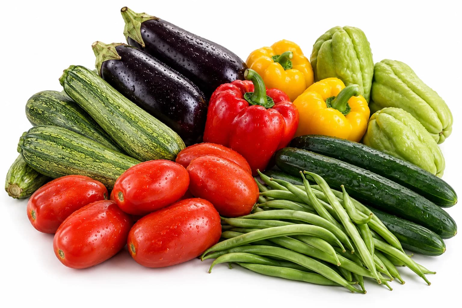 Tomate, pimentão, abobrinha, berinjela, pepino, chuchu e vagem