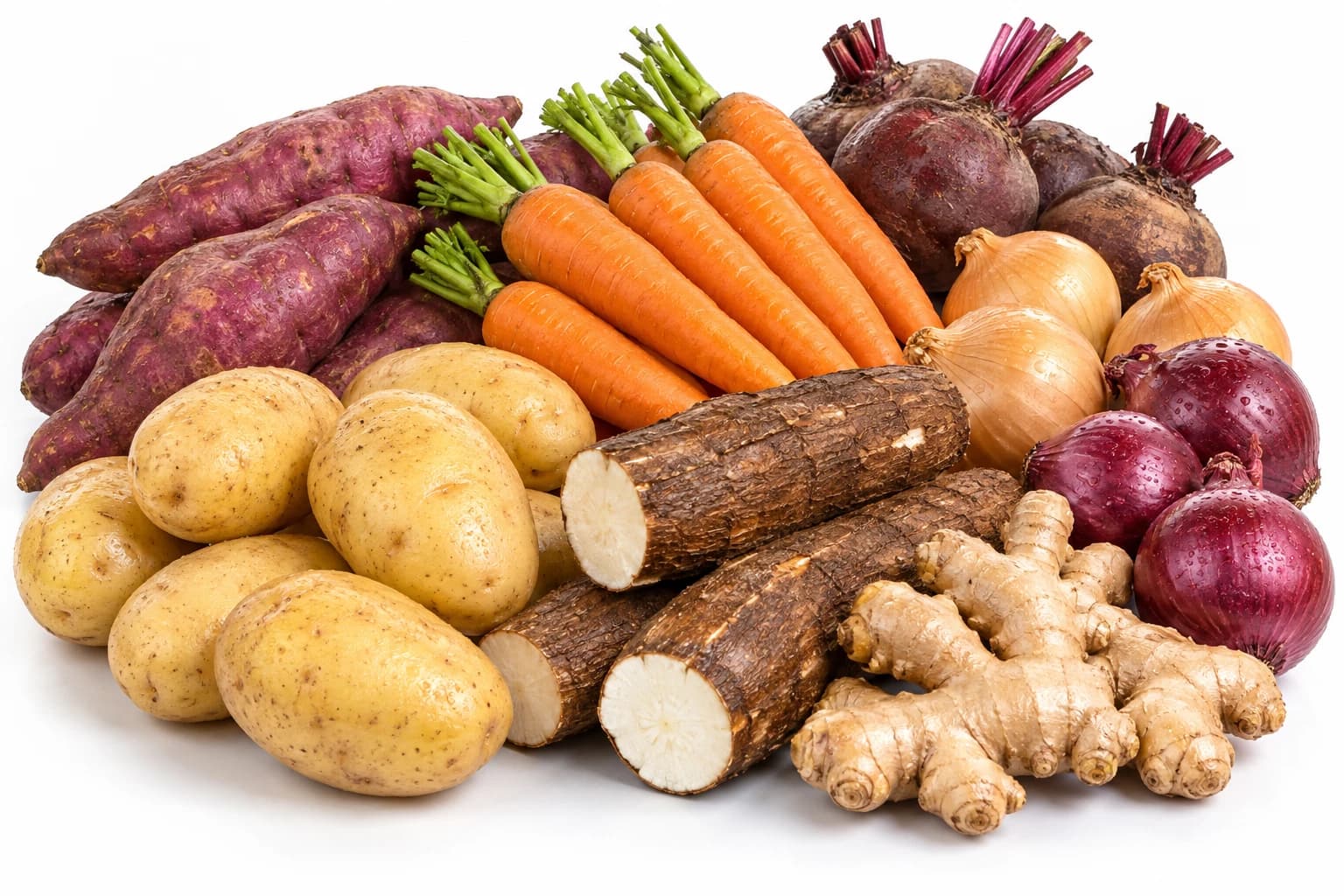 Batata, batata-doce, cenoura, beterraba, mandioca, cebola e gengibre