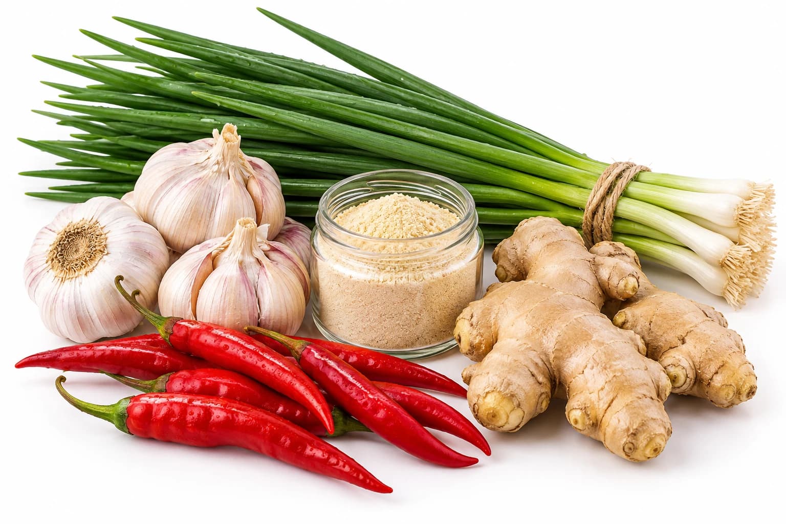 Alho, pimenta, gengibre, cebolinha e alho em pó