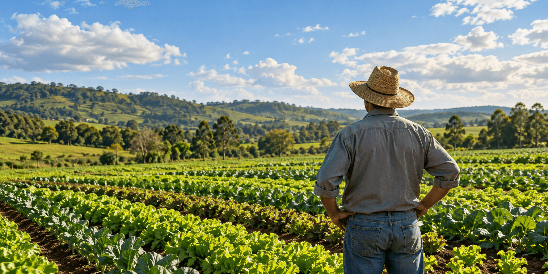 Rural worker in a straw hat, seen from behind, looking over a vegetable farm under a blue sky