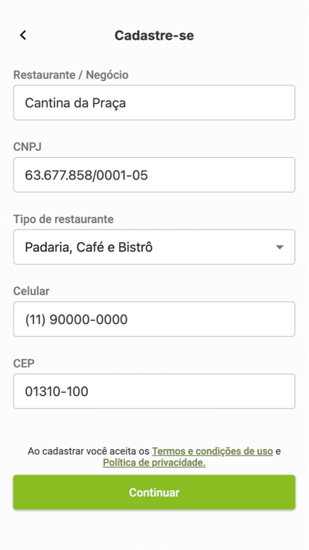 Frexco app sign-up screen with the business name, CNPJ, restaurant type, phone and postal code fields