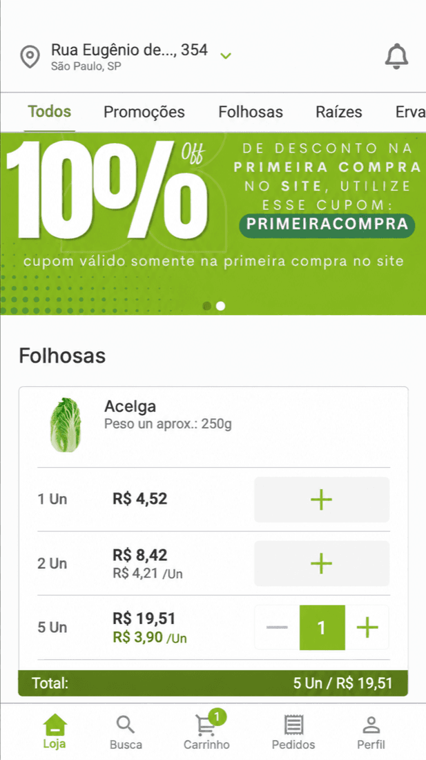Frexco app store screen in the Leafy greens category, with five units of chard in the cart
