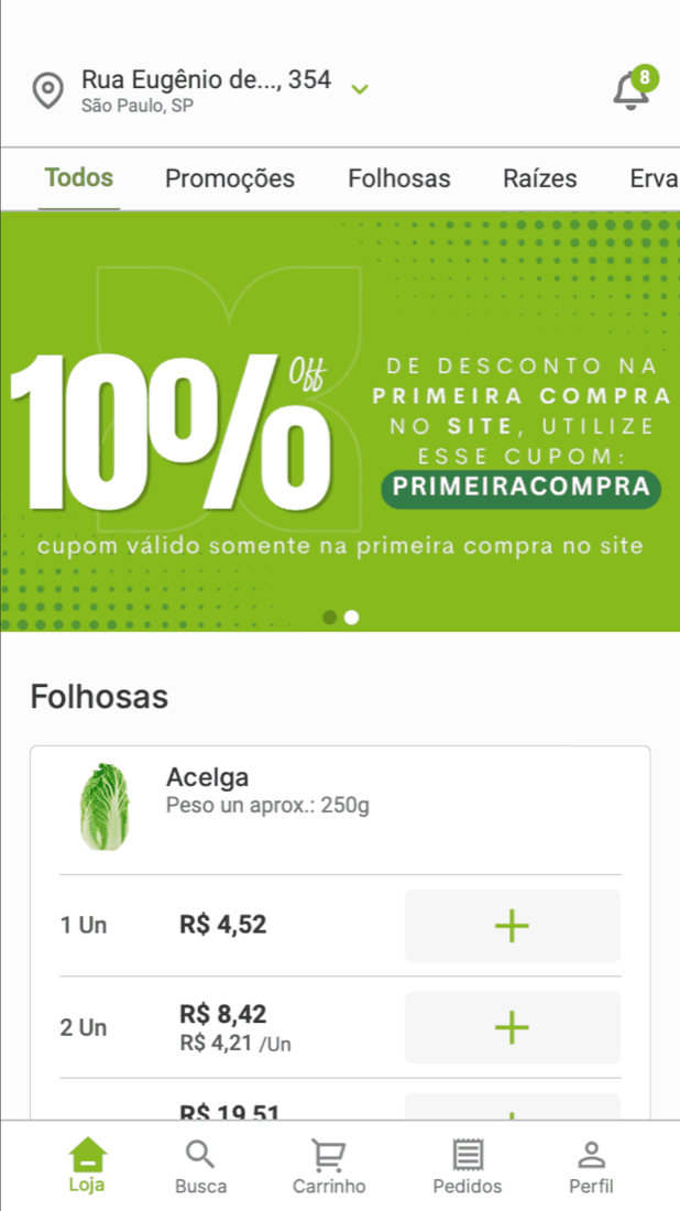 Tela Loja do aplicativo Frexco com categorias de hortifruti