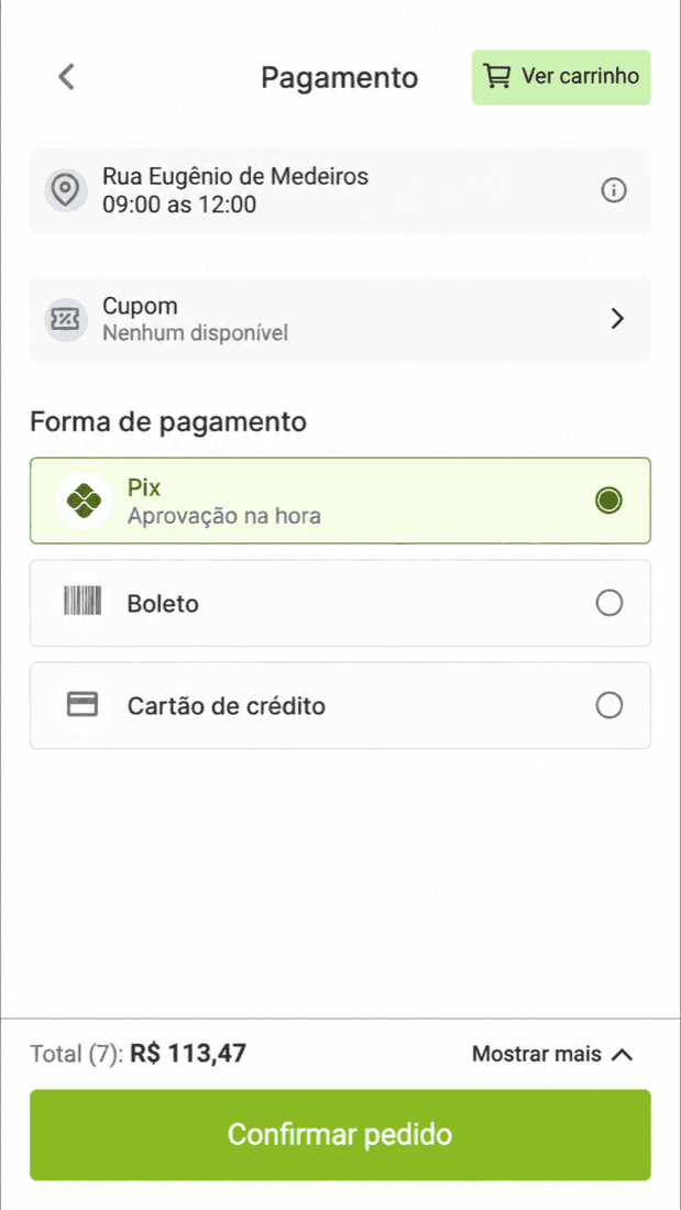 Frexco app payment screen with the Pix, bank slip and credit card options