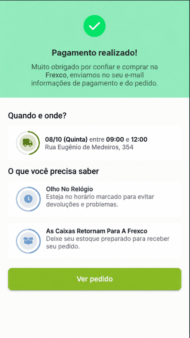 Frexco app order confirmation screen with the delivery date, time and address
