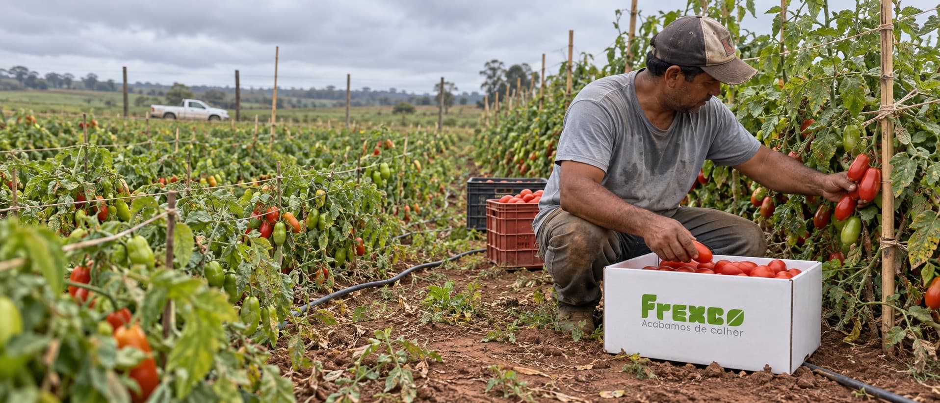 Produtor parceiro da Frexco agachado na plantação de tomate, colhendo tomates para uma caixa Frexco